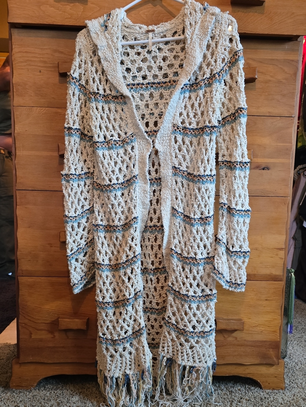 Free People Love Me Tender Hooded Fringe Cardigan Cream S